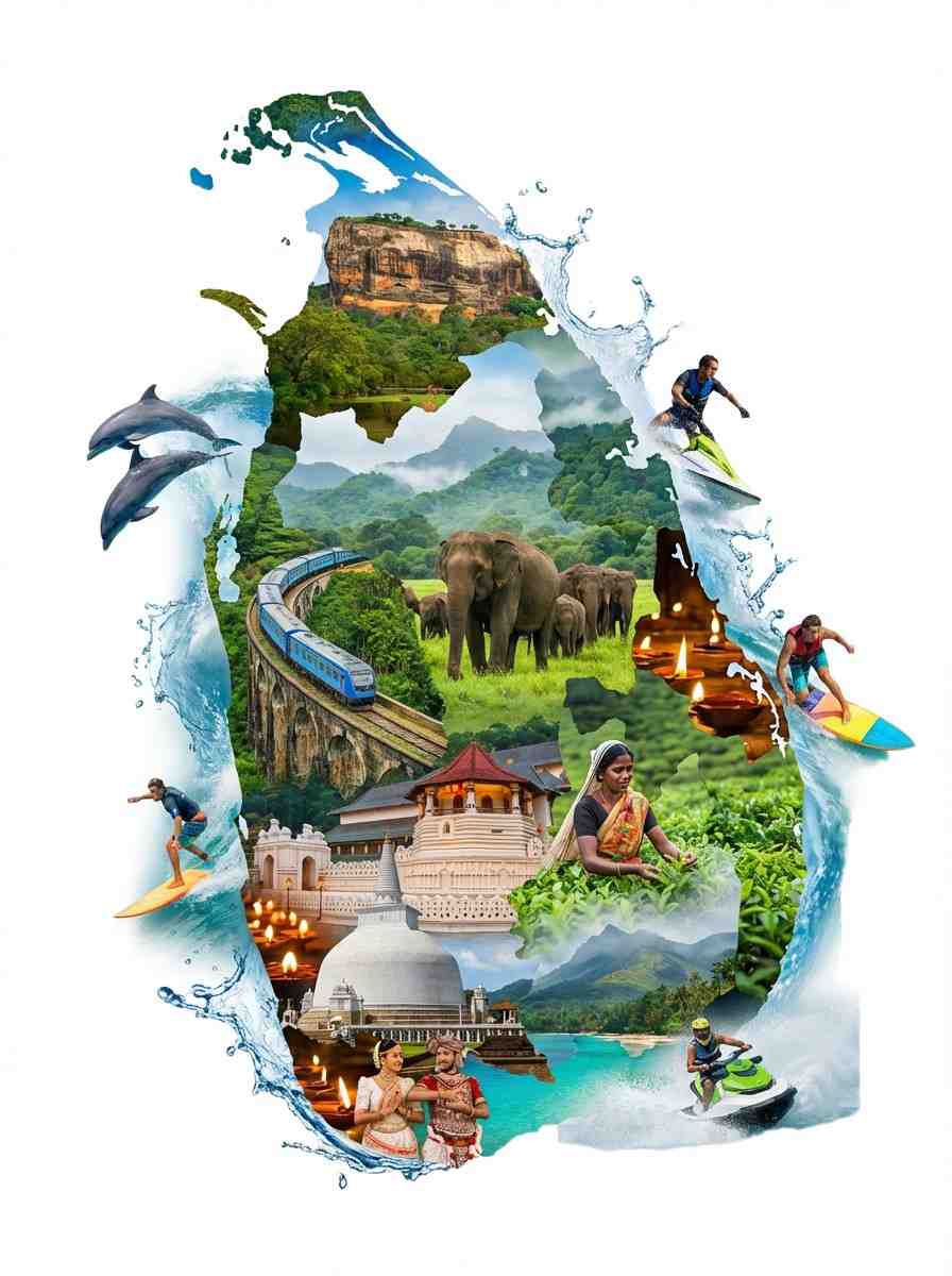 Illustrated map of Sri Lanka showcasing cultural landmarks, wildlife, beaches, temples, trains, and adventure activities